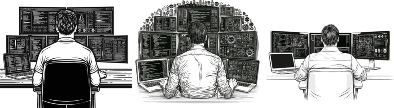 A person sits at a large desk adorned with multiple monitors displaying intricate code and software interfaces, embodying the essence of a modern-day tech enthusiast immersed in digital creation