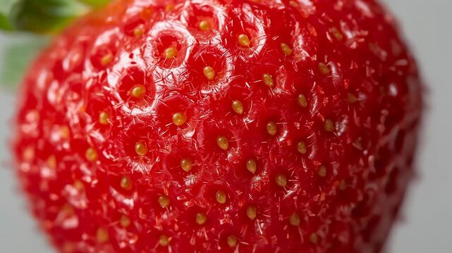 Close-up of ripe red strawberry with visible seeds and texture, showcasing the glossy surface and green leaves against a neutral background