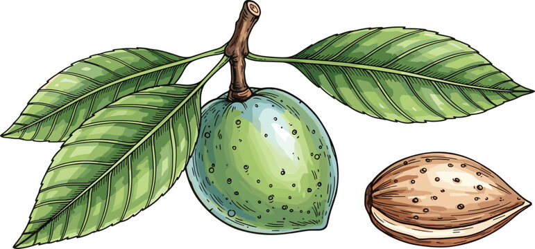 Organic raw almond branch vector illustration set with fresh green drupe fruit leaves and textured shell for healthy food design
