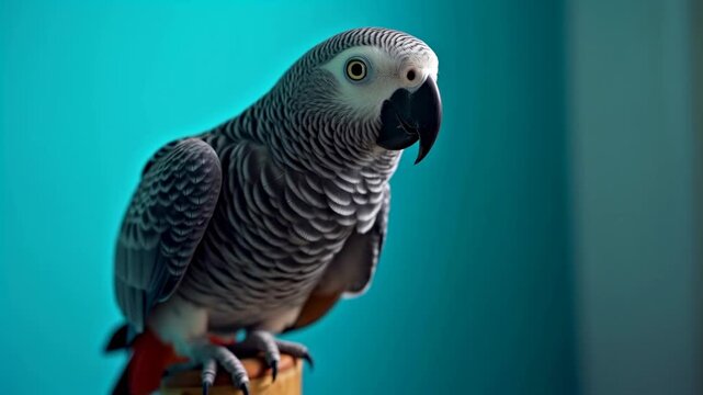 African grey parrot perched on a wooden stand, displaying vibrant feathers and attentive gaze against a bright blue background in a well-lit indoor setting