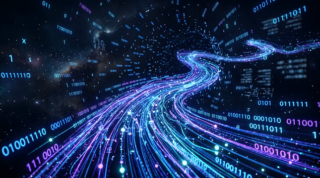 Data Stream Through the Cosmos: A luminous river of digital information, composed of binary code and vibrant light trails, flows through the vast expanse of outer space.
