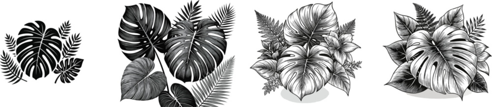 A striking black monstera leaf pattern with smaller tropical elements like ferns and philodendrons stands out against a pure white background in high contrast