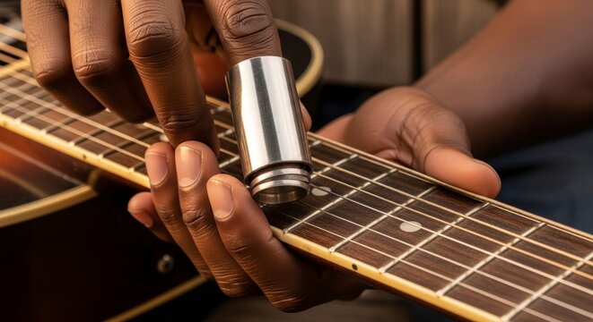 Close-up of Musicians Hands Playing Guitar with Slide.