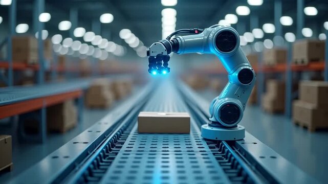 Robotic arm equipped with gripper approaches cardboard box on conveyor belt in modern warehouse setting with blurred background of stacked boxes