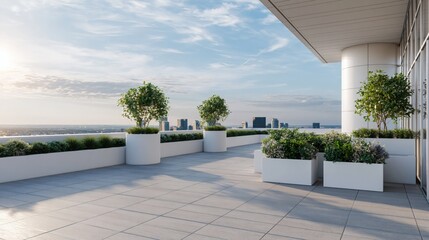 Obraz premium Modern Urban Rooftop Terrace with City Skyline View, Lush Greenery, and Sleek White Planters