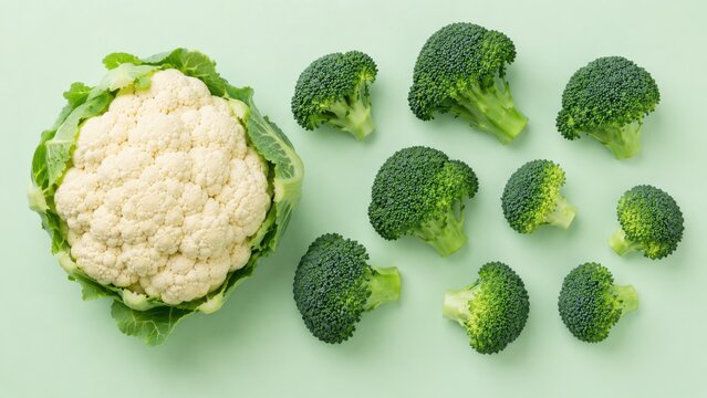 Fresh cauliflower with small broccoli florets scattered on light green background top view.