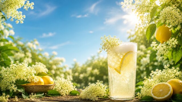A tall glass of sparkling elderflower lemonade with lemon slices on a rustic wooden table. Surrounded by blooming elderbury white flowers and lemons under a bright summer blue sky.