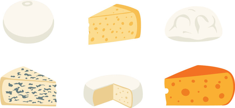 Gourmet cheese vector set with mozzarella parmesan ricotta blue cheese brie and cheddar pieces for dairy product menu design elements