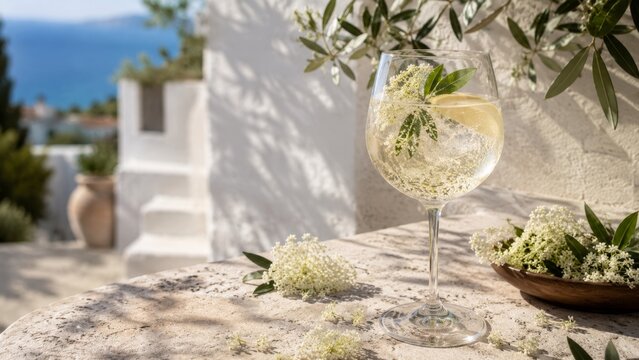 An elegant spritz cocktail with elderflower and lemon in a wine glass on a sunlit stone terrace. Features a Mediterranean style background with olive branches, white walls, and a distant sea view.