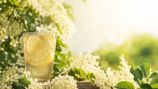 A refreshing glass of homemade elderflower lemonade with fresh lemon slices, garnished with delicate white blossoms. Set in a sunny garden with beautiful soft bokeh and copy space.