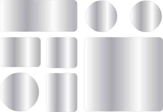 Set of blank silver metallic labels, stickers and buttons of various shapes, including rectangles, squares and circles