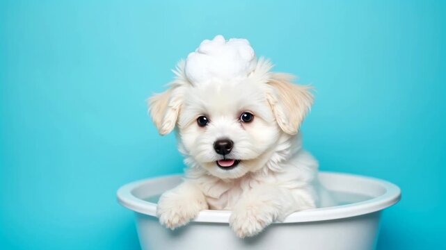 Adorable small white puppy with fluffy fur and a soap bubble on its head peeks over the edge of a white tub against a bright blue background