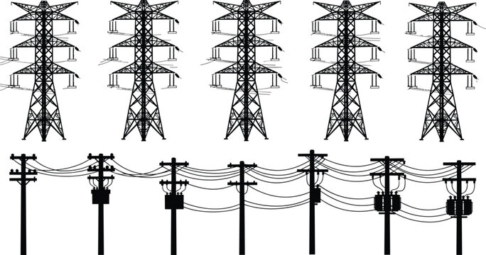 Collection of electrical transmission and distribution silhouettes including high-voltage towers, pylons, utility poles, transformers, power lines, infrastructure &ndash; flat vector illustration