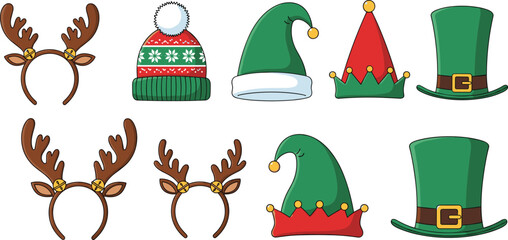 Collection of festive hats and headbands including reindeer antlers, Santa hat, jester cap, winter knit, top hat, holiday celebration – colorful vector illustration © MD AMINUR
