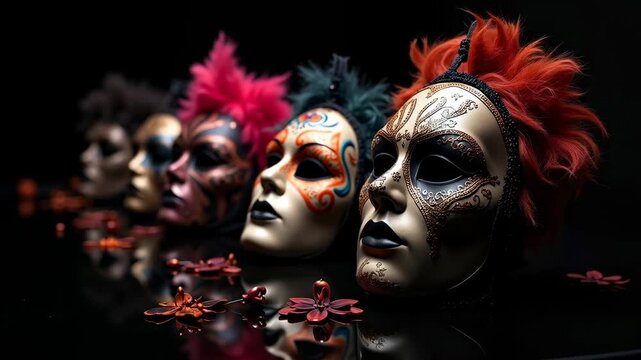 Colorful decorative masks with intricate designs and vibrant feathers arranged in a row on a reflective surface, showcasing unique artistic styles and details