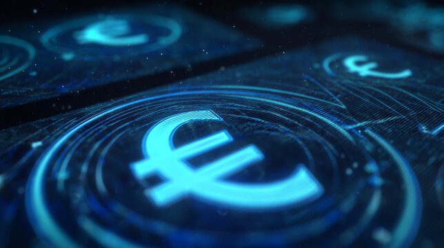 Glowing euro coin symbol on dark glossy plane with cyan highlights and shallow depth of field, futuristic render