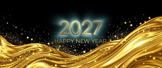 Obraz premium Golden waves with sparkles and 2027 happy new year text for celebration background.