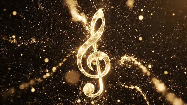 A luminous golden treble clef explodes with light particles against a dark background.