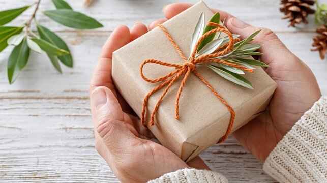 Hands holding a rustic, eco-friendly gift box tied with twine and decorated with natural greenery