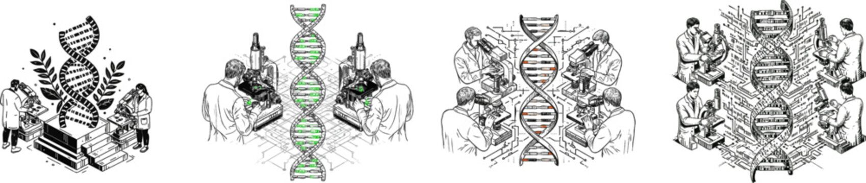 Two scientists in lab coats examine cell samples under microscopes while a central DNA double helix model stands prominently, surrounded by lush green leaves on a pure white background