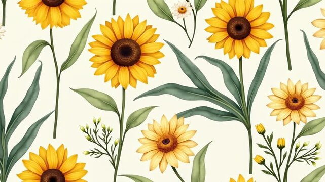 Vibrant sunflower floral pattern with various sunflowers and green leaves on a light background, showcasing the beauty of nature in a seamless design