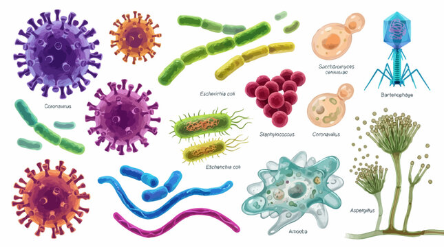 Microbiology poster illustrates various microbes and bacteria structures