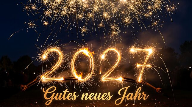 Happy new year 2027 fireworks and sparklers forming numbers in night sky, festive German greeting card with golden text guten neus jahr.
