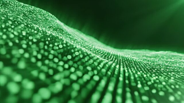Abstract representation of digital data flow with green glowing particles.