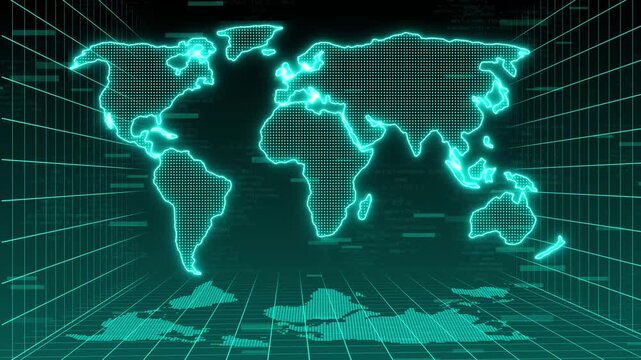 World map animation with digital grid code. World map global neon networking. World map international technology graphic on black background for connectivity.