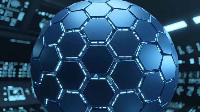 Abstract 3D render of a geometric structure composed of interconnected hexagonal prisms with glowing blue lights.