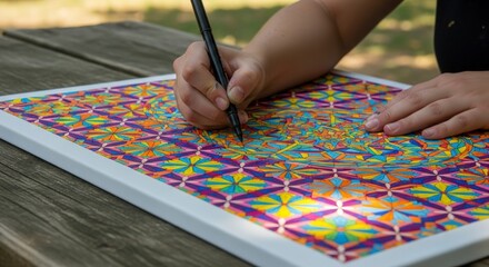 Obraz premium Close-up of a persons hands meticulously painting a vibrant, geometric pattern on a canvas outdoors.
