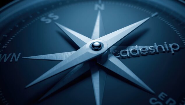 Close up of a dark compass showing leadership word for business growth and finding the right path to success in life