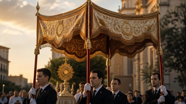 baldachin. A ceremonial procession with a richly decorated fabric canopy held aloft on four poles. event programs, museum guides, designed for cultural heritage projects and event programs.