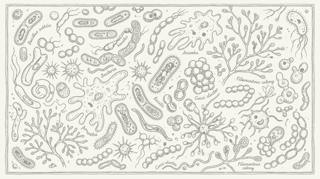 Highly detailed hand illustrated microbial scene with various bacteria and germs floating in air