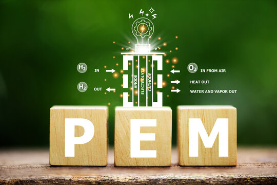 PEM texts on woods and icons on natural background. Polymer Electrolyte Membrane in Fuel Cell Technology.