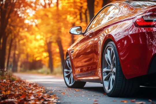 Red car parked on a road lined with autumn trees and fallen leaves