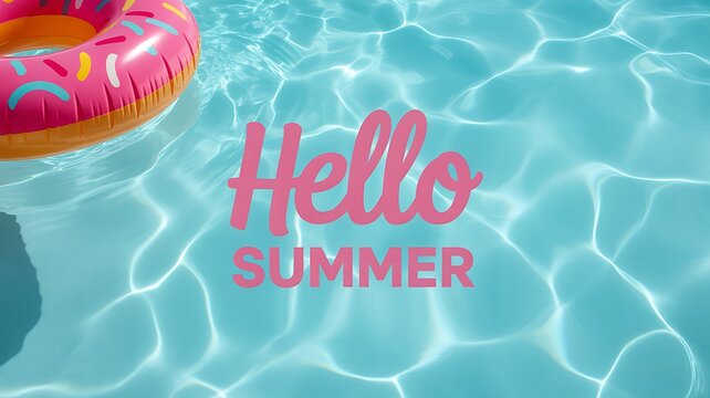 Bright summer-themed image featuring a pink inflatable donut float in sparkling blue swimming pool water with the words "Hello SUMMER" in pink text.