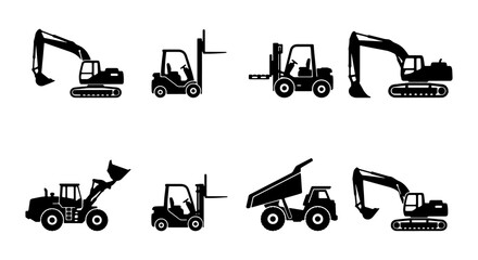 Construction Equipment Icons Set: Excavators, Forklifts, Dump Trucks, Loaders. Industrial Machinery Vector Graphics for Building Projects. © Abdur