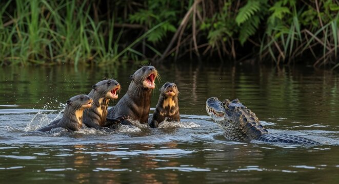 Wild otter family confrontation with a large predator