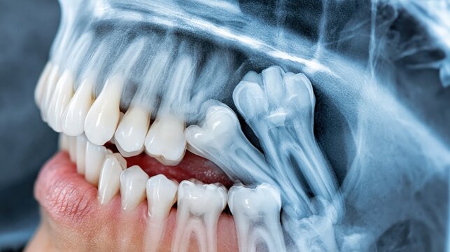 Close-up dental x-ray of impacted wisdom teeth and jawbone showing overcrowding and potential dental issues