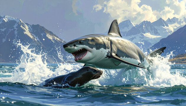 Shark Attacking Seal in Ocean Water with Mountains