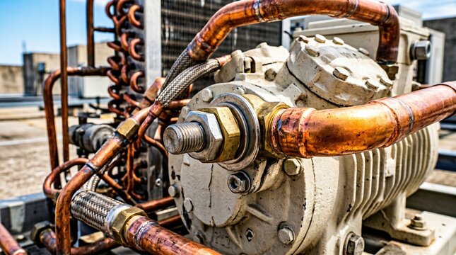 Close up of industrial air conditioning compressor with copper pipes. HVAC condenser unit on rooftop. Mechanical cooling system components and piping