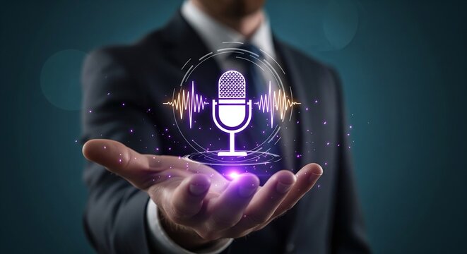A person's hand presents a glowing microphone icon with sound waves and digital particles