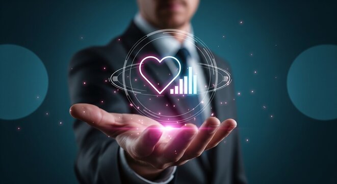 Businessman presents digital interface with heart and bar graph symbols glowing particles