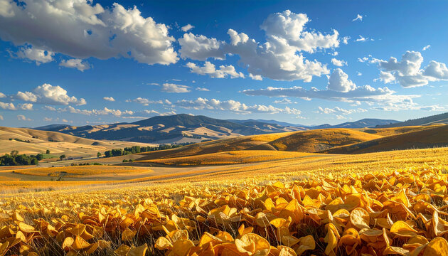 Golden wheat field on rolling hills under blue sky with white clouds