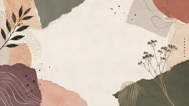 Abstract mixed media collage background with handmade torn paper textures geometric shapes and botanical line art