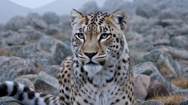 Snow leopard resting on rocky terrain wildlife portrait