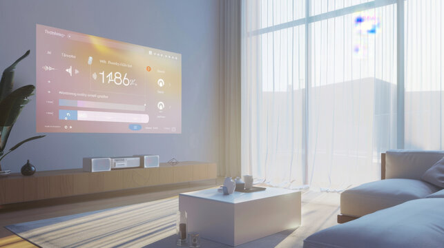Modern Home Interior with Projector Displaying Smart Dashboard