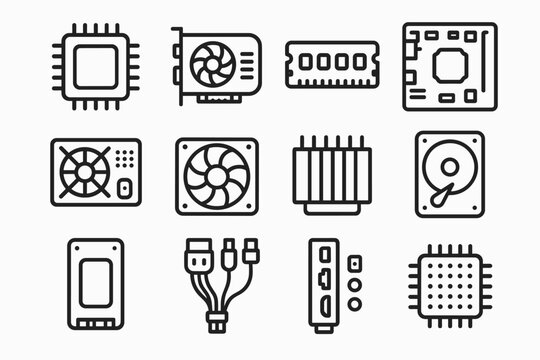 PC Hardware Icons. PC hardware components close up. Line outline icon set of PC hardware components close up: