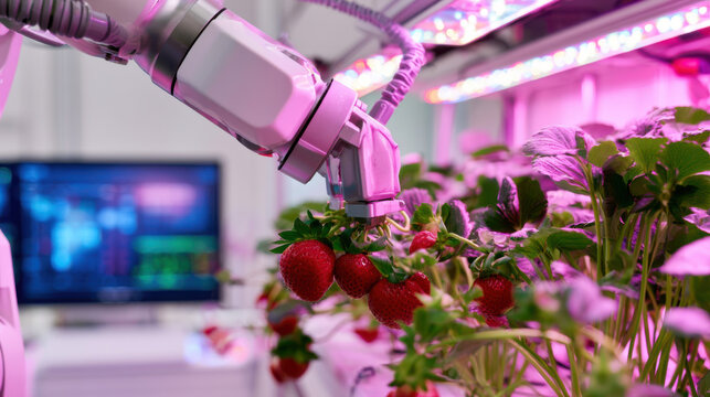 High Resolution Commercial Photograph of an Automated Robot Harvesting Strawberries